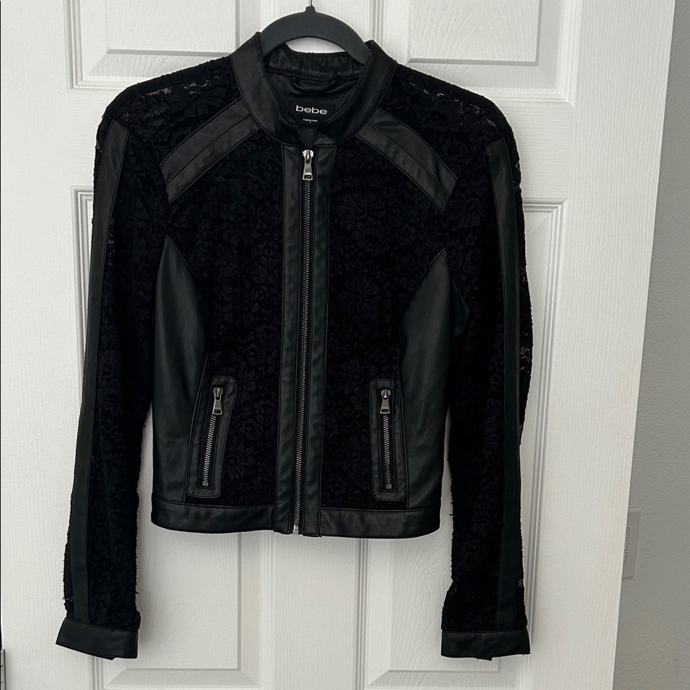 Bebe Black Lace  Faux Leather Jacket